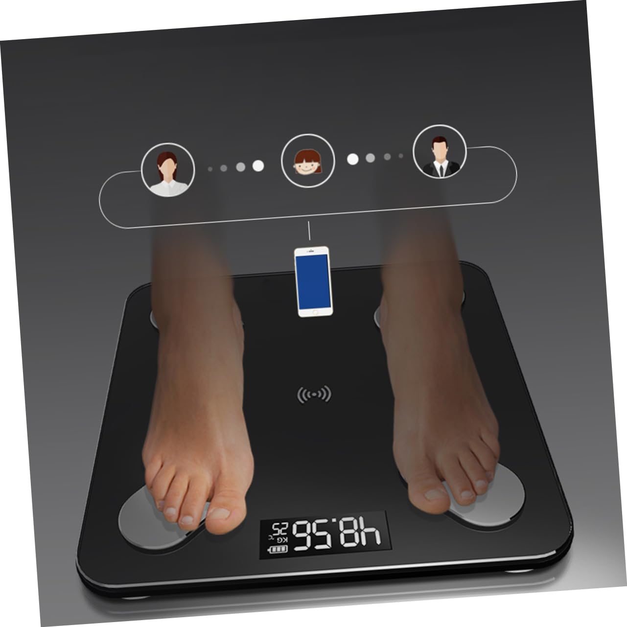 Bilancia Impedenziometrica Smart Nera in Abs e Vetro Temperato | LED Digitale, Sincronizzazione Automatica Smartphone, Trasmissione Wireless