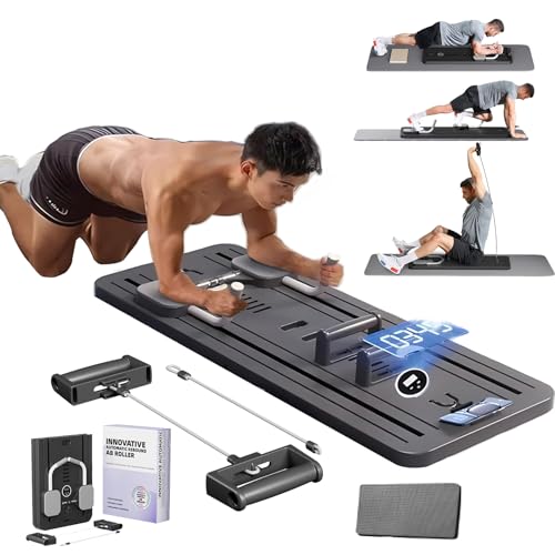 Foldable Pilates Reformer Set, Multifuctional Pilates Board ab Roller Exercise Wheel with Elbow Support and Resistance Bands, Reformer Pilates Machine Abdominal Board Workout Equipment for Home