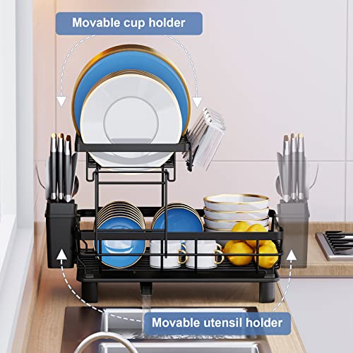 Dish Drying Rack,Moukabal 2-Tier Dish Racks For Kitchen Counter,Detachable Large Capacity Dish Rack,Dish Drainer With Removable Utensil Holder,Dish Drying Rack With Drainboard And Swivel Spout(Black) #TOP6