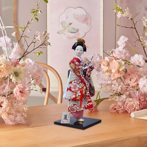 FLCPJGV 30cm Japanese Kimono Geisha Doll Traditional Statue Gift Miniature Asian Kabuki Figurine for Store Farmhouse Birthday Cabinet, Red White Flower - Thumbnail 5