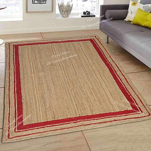 DecorAvenue Indian Handmade Handwoven Braided Jute Area Rug (Red, 240 x 240 cm Round)