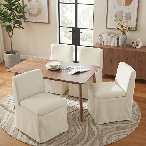 KISLOT Upholstered Dining Chairs Set of 4 with Casters Modern Armless Kitchen Chairs with Removable Washable Cover Chenille Velvet Fabric Sturdy Metal & Wood Frame 19.5 Seat Height Linen