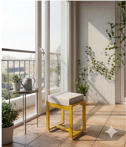 Image of Metal Single Seater Stool with Cushion for Living Room | Heavy Duty Iron Frame with Powder Coating | Comfortable Seating for Home & Office | 14 inchx14 inchx19 inch Inch | Golden