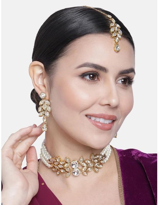 Aheli Bridal Crystal Pearl Choker Necklace with Drop Earrings Indian Traditional Bollywood Jewelry Set Gift for Women - Image 3