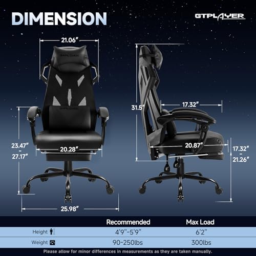 GTPLAYER Computer Chair with Adjustable Footrest, Ergonomic Gaming Chair with Headrest and Lumbar Support, Breathable Mesh Office Chair for Adults, High Back Reclining Desk Chair for Gaming and Office