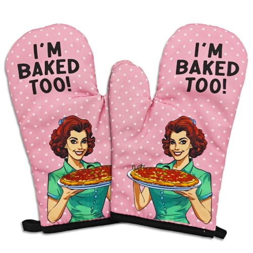 Gosjinnk 2 Pcs Funny Oven Mitts I'm Baked Too Heat Resistant Mitts Retro Housewife Silicone Non-Slip Oven Mitts With Hanging Loop Sweet Housewarming Gifts For Baking Lover Hostess Family Friend