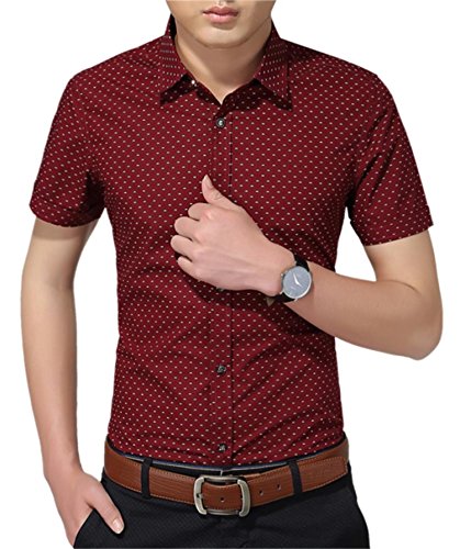 Aiyino Mens Print Casual Shirts Short Sleeve Fashion Cotton Shirts L Wine Red Shirt