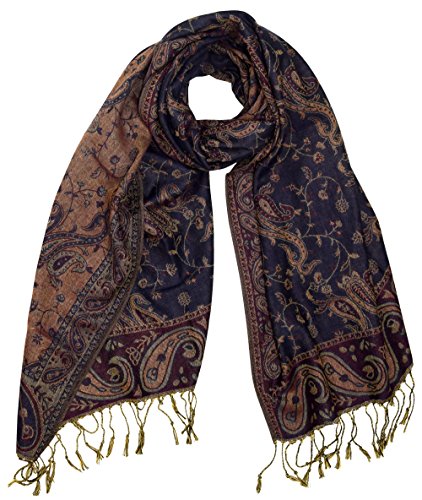 Peach Couture Elegant Double Layer Reversible Paisley Pashmina Shawl Wrap Scarf Navy