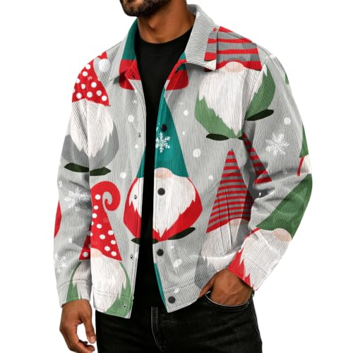 Mens Corduroy Jacket Vintage Christmas Print Casual Lapel Collar Coat - image 2