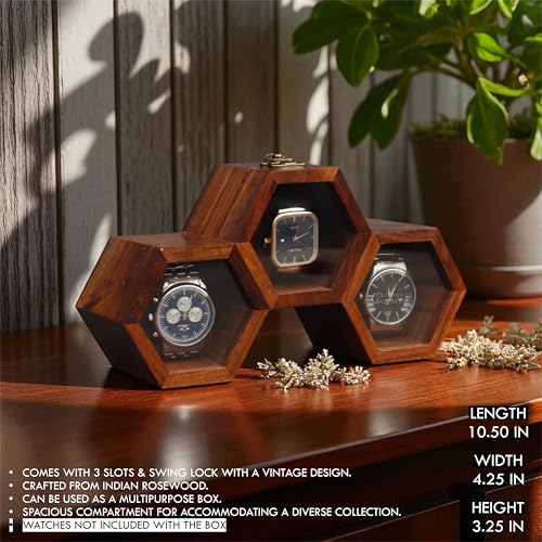 Image of Vintage Wooden Watch Box for Men, Timepiece Display Case, Honeycomb Watch Storage & Organizer, Jewlery Box for Women, Anniversary Gift For Husband (3 Compartments)