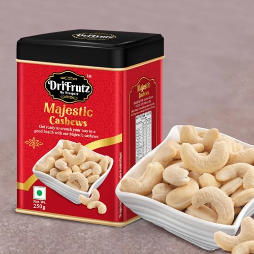 Image of DRIFRUTZ Majestic Cashew W180 | 250g Tin Pack | Whole Cashew Kernels | Suitable for Gourmet Preparation, Thoughtful Gifting, Tasting Platters, and Protein-Rich Indulgence