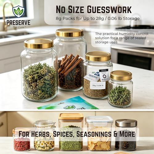 Image of Preserve The Cure 8g Humidity Control Packs for Storage Containers, 62% RH | 10pc, up to 28g / 1oz, 2-way moisture control, freshness indicator, protects texture, reduces drying, sealed pouch