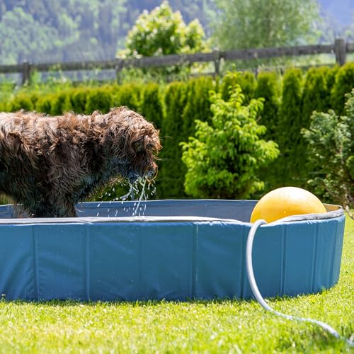 Relaxdays Hundepool, H x D: 30 x 160 cm, faltbar, mit Ablassventil, Hundeplanschbecken zur Abkühlung, PVC & MDF, blau