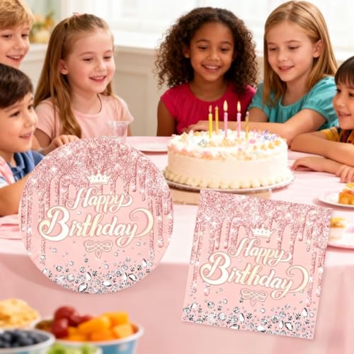 Pink Rose Goldr Birthday Party Supplies, Include 20 Plates and 20 Napkins, Pink Rose Goldr Theme Birthday Party Decorations for Kid Girls Women Glitter Diamond by NFHJZJJ - Used condition - Image 5