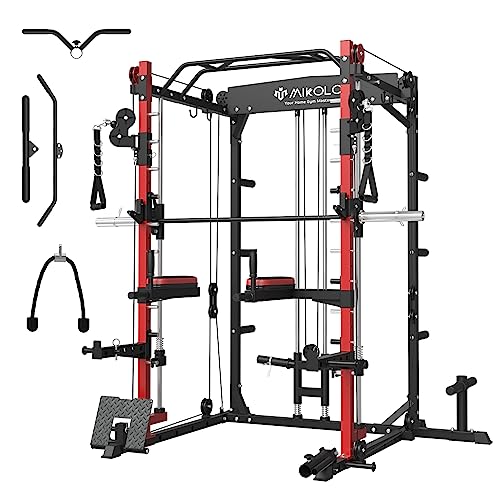 Mikolo Smith Machine, 2000Lbs Multifunctional Squat Rack With Lat Pull Down System&Cable Crossover Machine For Home Gym, Power Cage With Dip/Leg Raise Attachments, Free Handles, Band Pegs（Red） #TOP4