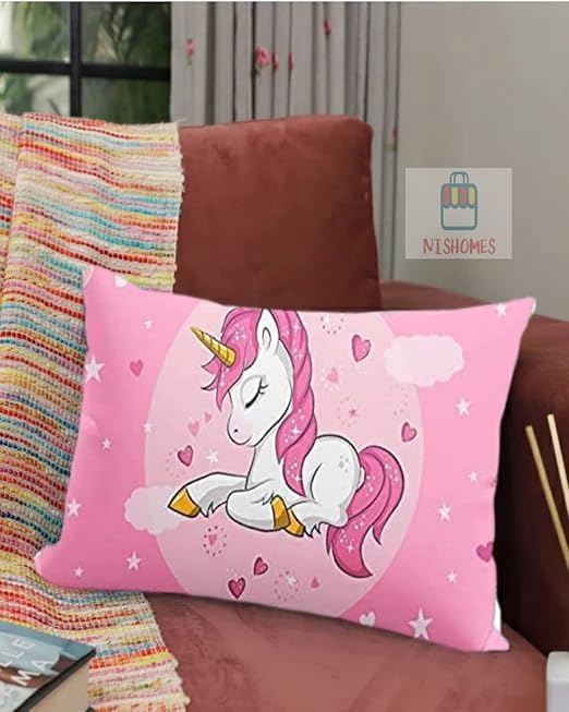 Image of Flying Baby Unicorn Design Printed Kids Cartoon Pillow /Cushion Fiber Filled Size 12x18 Inches (Pink)