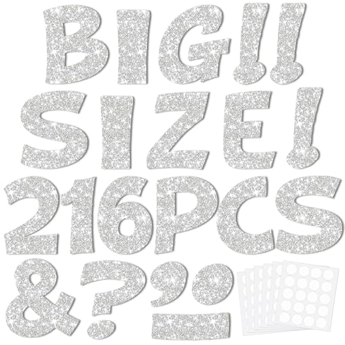 Image of Colarr 216 Pcs 7 Inch Glitter Bulletin Board Letters Large for Classroom Alphabet Punctuation Symbol Cutout Die-Cut Poster Letter with Adhesive Dot School Party Holiday Decor Display(Silver)