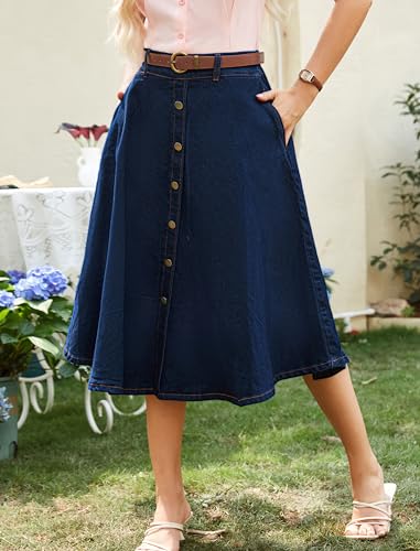 Belle Poque Women's Denim Skirts Vintage Below Knee Length High Waist A-Line Jean Skirts with Pockets4