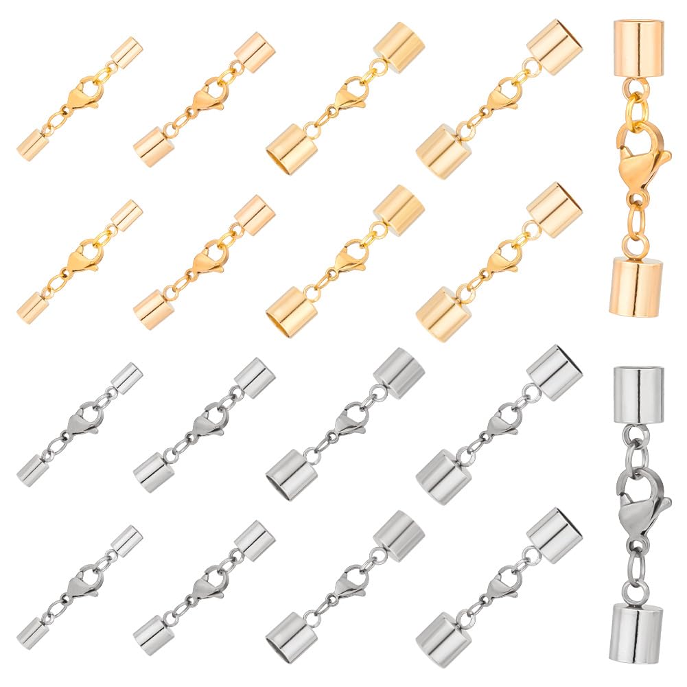 UNICRAFTALE 8 Pairs 2 Colors Stainless Steel Cord Ends Caps Connector with Jump Rings and Lobster Claw Clasps Leather Cord Ends Terminators Crimp End Tips for Jewelry Making