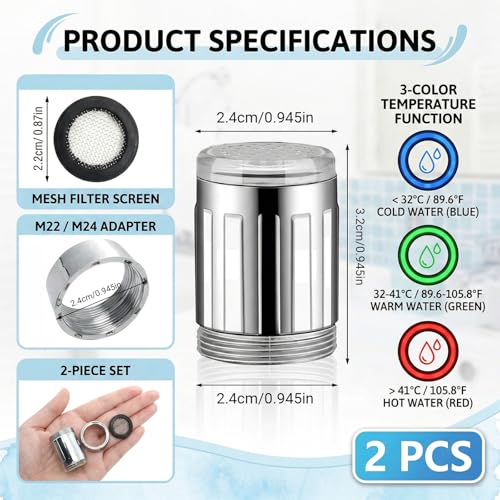 Jetstream 2 Stück LED Wasserhahn Aufsatz, Wasserhahn mit 3 Bunten LED, Wasserhahns Aufsatz mit 3 Farben Temperaturkontrolle, kompatibel mit Restaurant, Haus, Hotel, Badezimmer, Küche