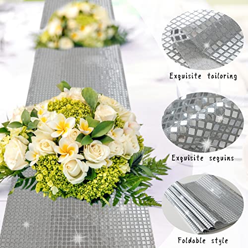 Oqsc Disco Sequin Silver Table Runner 13 X 72 Inches, Mirror Foil Glitter Table Runners For Disco Parties,Weddings,Birthday Decorations, 2 Pieces, Silver #TOP2