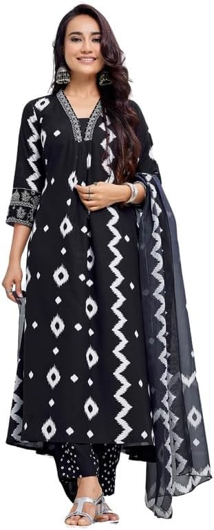 Royal ExportWomen's Viscose Ikat Print Embroidered Straight Kurta Pant with Dupatta (RX151-surbhiBlck)
