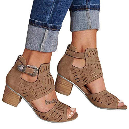 Aniywn New Sandals Women s Peep Toe Cut Out Chunky Stacked Block Heel Ankle Booties Open Toe Mid Heel Sandals Brown