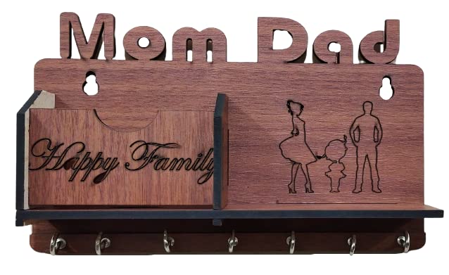 Image of Mom Dad Keys Holder Happy Family Key Organizer Designer Wooden Key Holder Wooden Keychain Holder for Home, Living Room, Office Wall Decor Great Gift Item Mobile Pocket and Pen Holder