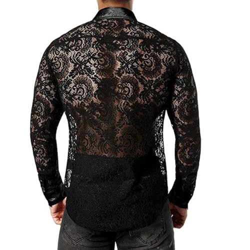 WAZHAKU Chemise transparente pour homme - En dentelle - Manches longues - Boutonnée - Manches longues - Pour les loisirs - Pour homme - Transparent - Pour boîte de nuit - Scène - Fleur - Couleur unie – vue 5