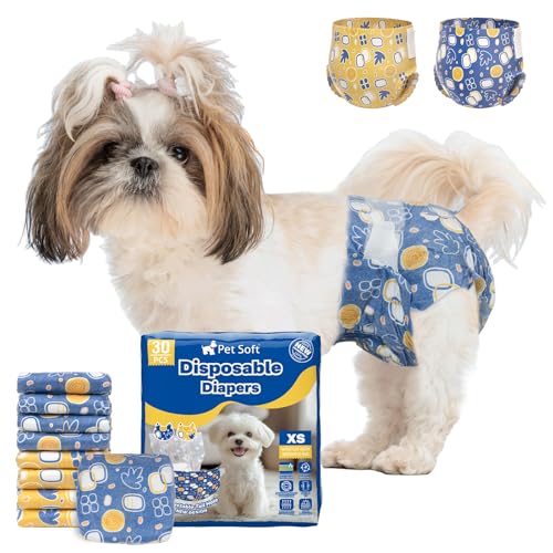 Pet Soft Dog Diapers Female Disposable Doggie Diapers with Wetness Indicator, Puppy & Cat Diapers Super Absorbent, Fit for Female Dog in Heat or Incontinence, 30pcs (XS, Mixed)