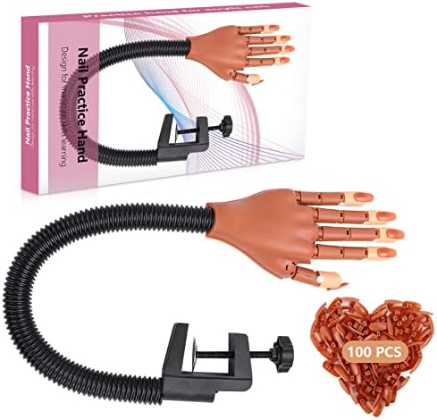 Practice Hand for Acrylic Nails, Professional Nail Practice Hand Nail Training Hand, Flexible Moveable False Fake Mannequin Hand for Nails Art Practice Display with 100Pcs Brown Fake Nail Tips