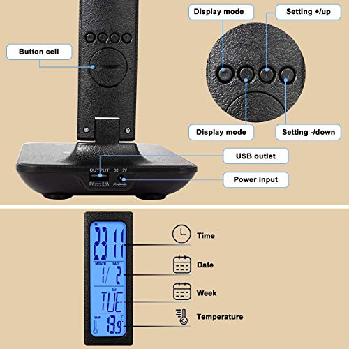 Led Desk Lamp, Desk Lamp With Wireless Charger, Suitable For Home, Office Dimmable Desk Lamp, With Usb Charging Port, Built-In Clock, Calendar, Thermometer And Automatic Timing Reading Desk Lamp. #TOP3
