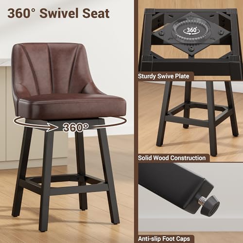 Image of YaFiti Swivel Bar Stools with Backs, 26 inch Counter Height Bar Stools Set of 6, Modern Leather Extra Upholstered Counter Barstools with Square Solid Wood Legs for Kitchen Island, Dining Room, Brown