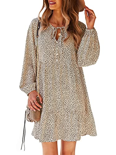 TEMOFON Damenkleid, langärmelig, Leopardenmuster, leger, schwingender V-Ausschnitt, Tunika-Kleid, Khaki, Groß