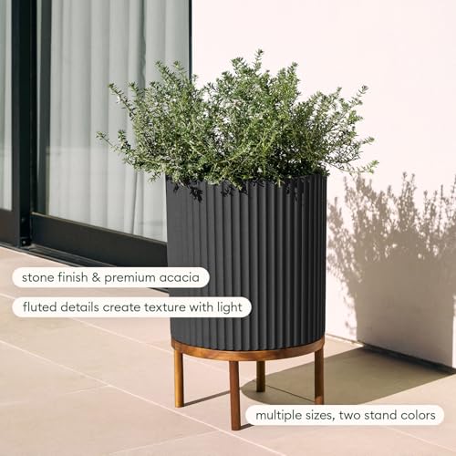 Image of Veradek Demi Series Round Planter w / Stand for Porch /Patio | Durable Plastic-Concrete & Wooden Stand | Modern Decor for Tall Plants, Flowers