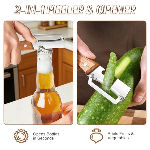 2026 Upgrade Vegetable Peeler With Wooden Handle, Stainless Steel Wide Blade Potato and Carrot Peeler, 3-in-1 Veggie Peeler With Scallion Shredder and Bottle Opener for Kitchen, Camping and Travel #2