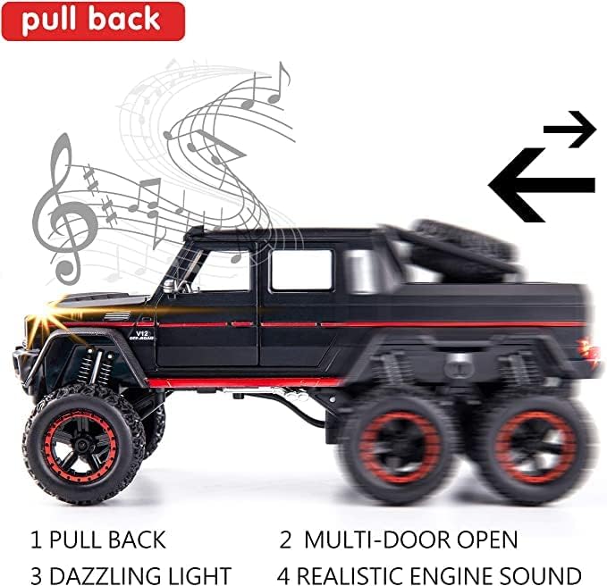 Image of 6 Wheel Drive Metal Car Pull Back with Open Doors, Engine Cover, Tail with Front and Rear Light & Music Great Gift for Boys and Girls Above-Multicolor(Merceedes G63)