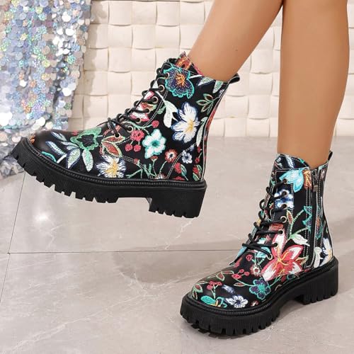 Women's Flowers Flat Ankle Boots Side Zipped Lace-Up Cowgirl Shoes Western Platform Winter Fall Combat Boots3