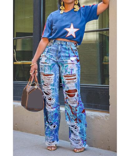 Women's Baggy High Waisted Jeans Stretchy Washed Graffiti Prints Ripped Straight Leg Denim Jeans3