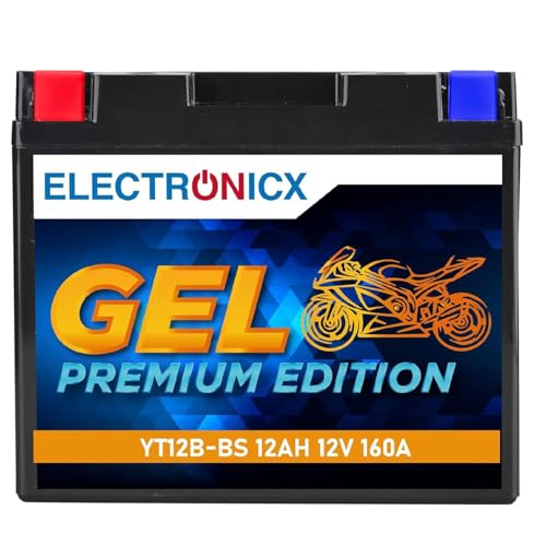 Electronicx, GEL, Motorradbatterie YT12B-BS 12V 12Ah 160A wartungsfrei, auslaufsicher, rüttelfest- Starterbatterie für Motorrad, Moped, Roller, Quad, Jetski, ATV- kompakt -Plus rechts.