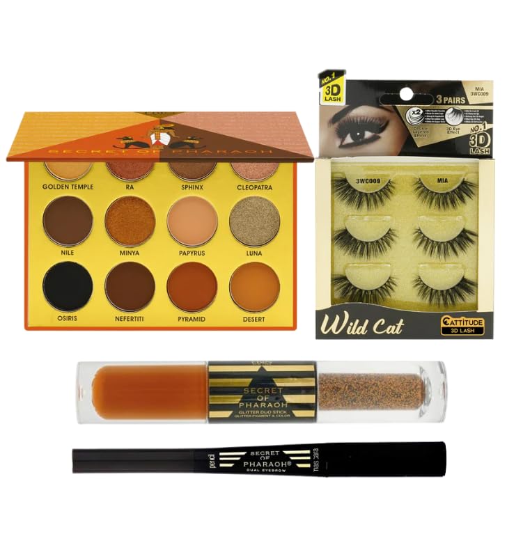 EBIN NEW YORK Golden Empire – Secret of Pharaoh Eyeshadow Palette, Glitter Duo Stick – Sand Goddess Bundle With Wild Cat Lashes & Dual Eyebrow Pencil Gift Set (4 Items)