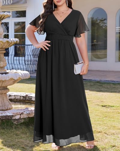Image of Talisea Plus Size Formal Dresses - V Neck Flutter Sleeve Glitter Prom Evening Gowns Wedding Guest Chiffon Long Maxi Dress