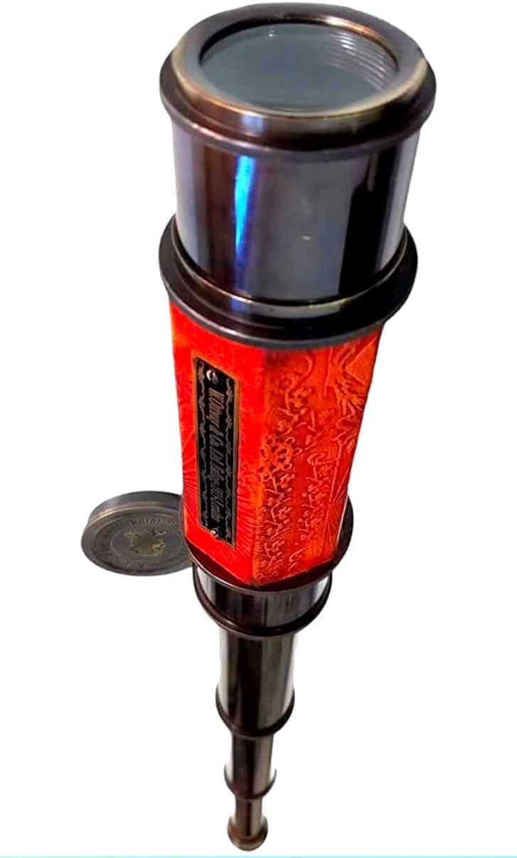 Vintage Style Telescope with Red Leather Grip, Extendable Spyglass, Antique Bronze Finish