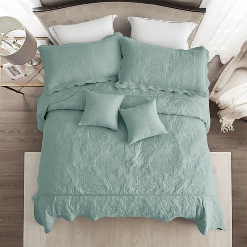 Image of HZ & HY Oversized King Bedspread 128x120 Extra Wide, Stitched Paisley Quilt Set King /Cal King, Lightweight Reversible Coverlet, Scalloped Edge - Fresh Classic Look, 5 Piece, Aqua Sky