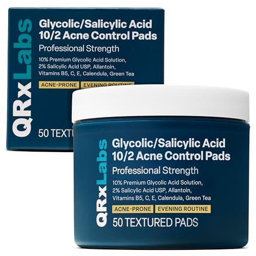QRxLabs Salicylic & Glycolic Acid Acne Clearing Pads - 2% Salicylic & 10% Glycolic Acid - Exfoliating Pads for Acne, Bacne, Butt Acne, Body Acne - Daily Pads - 50ct