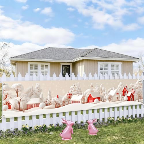 Image of Christmas Village Banner 78.7 x 17.7 Inch Red and White Snowy House Scene Winter Landscape Holiday Decoration for Yard Garden Fence or Indoor Wall Display Perfect for Seasonal Celebration Decor