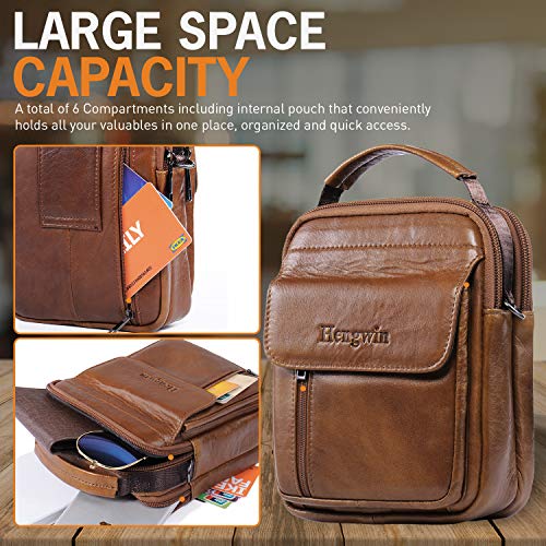 Hengwin Leren Schoudertas Man Tassen Houder voor Mobiele Telefoon Lopende Buidel Documentenportefeuille voor iPhone 12 11 Pro Max XS SE XR 8 7 6S Plus, Samsung Galaxy S20 Ultra S20+ Note 10+ 9, Bruin - Image 3