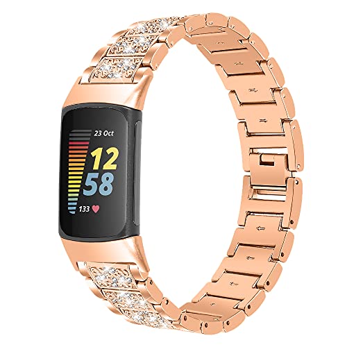 Bandas de metal compatibles con Charge 5, bandas de metal de acero inoxidable ajustables de 5.5 a 8.1 pulgadas con herramienta de eliminación de eslabones compatibles con Fitbit Charge 5, oro rosa Cover