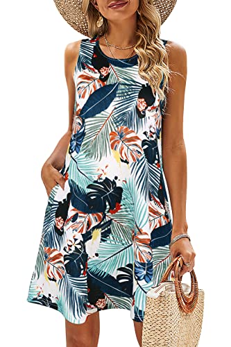 Simplefun Hawaiian Dress For Women Summer Cotton Short Flowy Dresses Floral Beach Sundress Foliage Print,L #TOP4