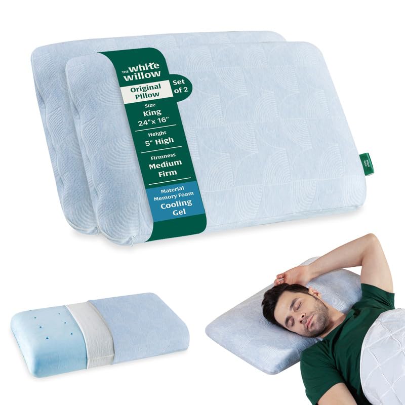 The White Willow Pillow Set of 2 Pieces Orthopedic Memory Foam Cooling Gel King Size Neck & Back Support Bed Pillow for Sleeping with Removable Zipper Cover (24" L x 16" W x 5" H Inches)- Blue
